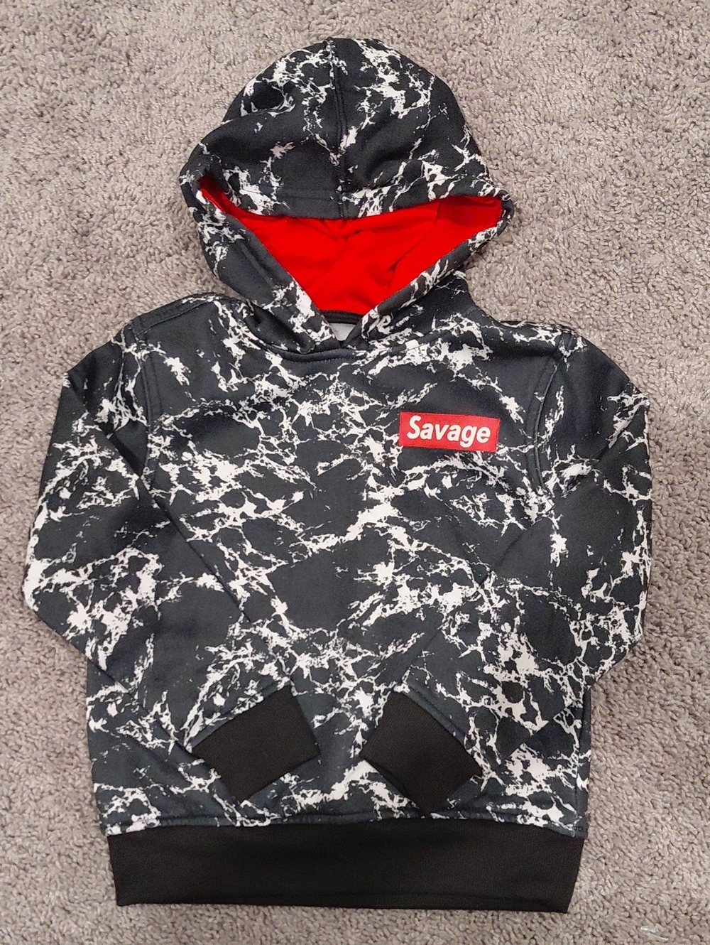 Savage Black and White Marble Hoodie with Red Accent